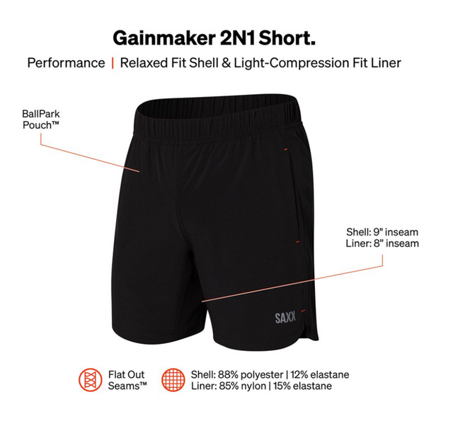 M SAXX Gainmaker 9" 2N1 shorts